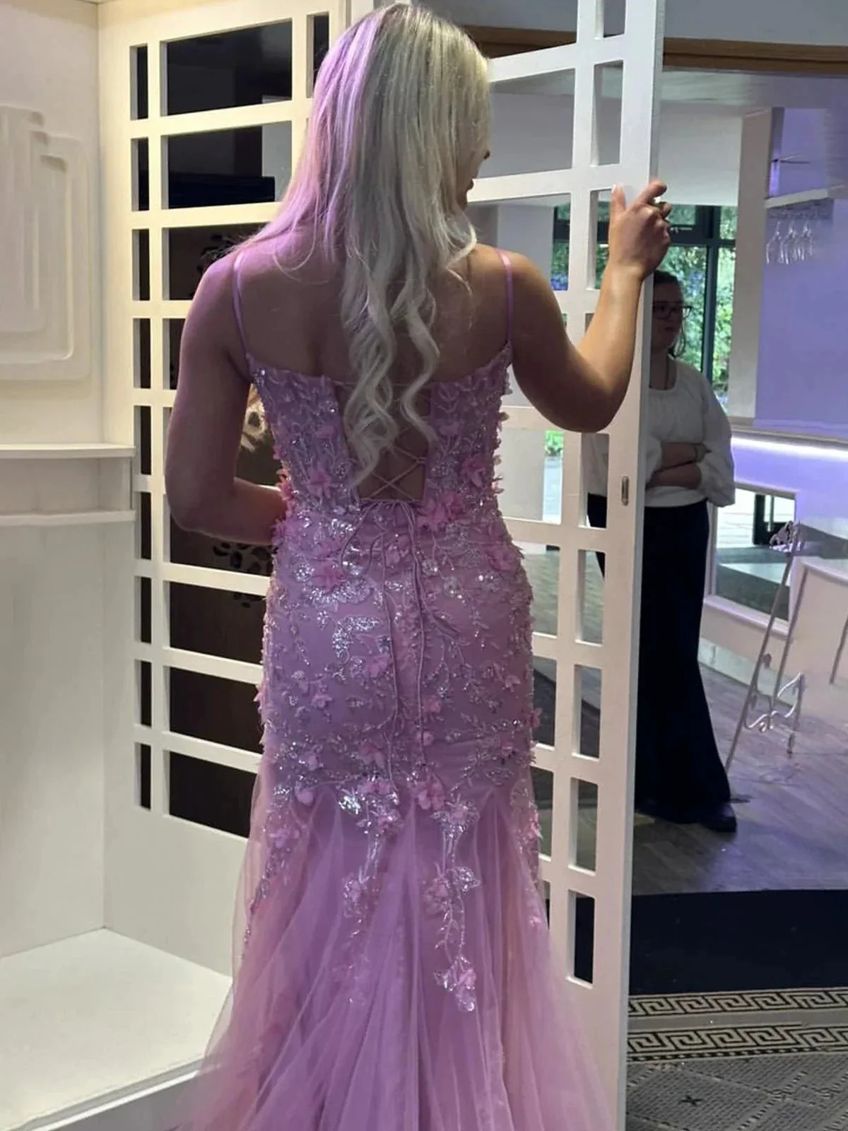 Reuben | Pink Spaghetti Straps Lace Appliques Mermaid Long Prom Dress - Image 2