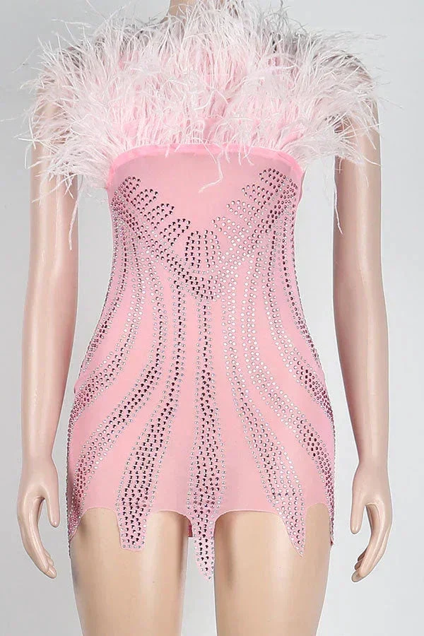 Rhinestone Girly Fluffy Mini Dress Pink Dress Short Homecoming Dress Y781 - Image 3