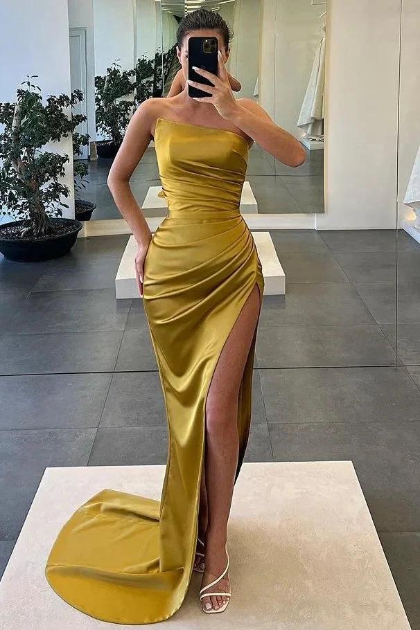Rialyn | Strapless Satin Pleated Mermaid Sleeveless High Slit Long Prom Dress - Image 2