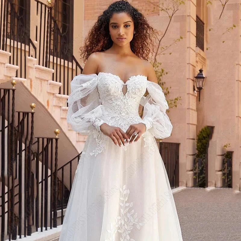 RODDRSYA Beach Wedding Dresses Lace Puff Sleeves Bridal Gowns Princess Off Shoulder Vestido De Novia Appliques Tulle Sweep Train - Image 3