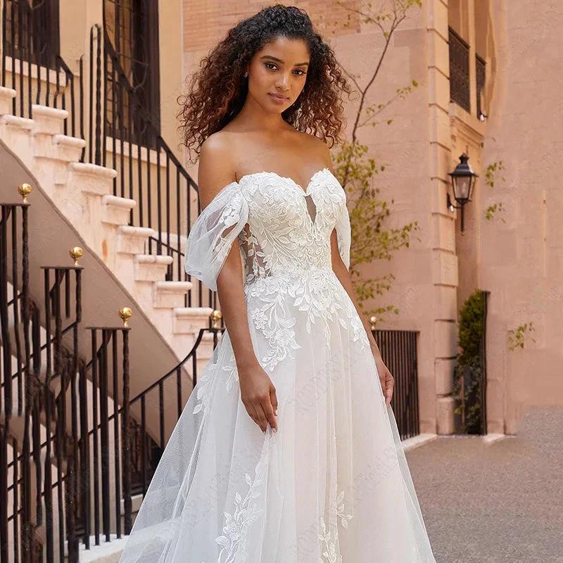 RODDRSYA Beach Wedding Dresses Lace Puff Sleeves Bridal Gowns Princess Off Shoulder Vestido De Novia Appliques Tulle Sweep Train - Image 4