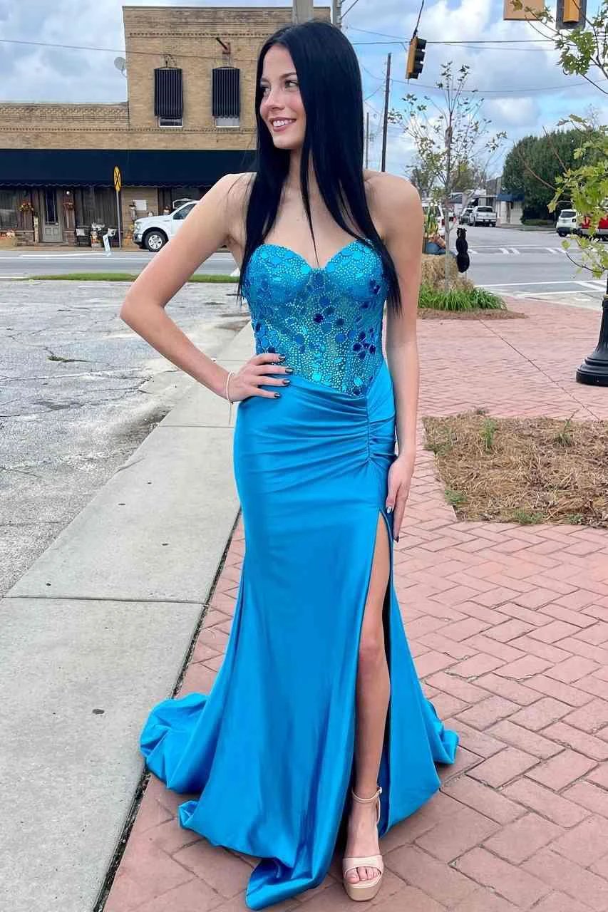 Rodina | Cut Glass Mirror Rhinestone Corset Long Evening Dress with Slit - Image 3