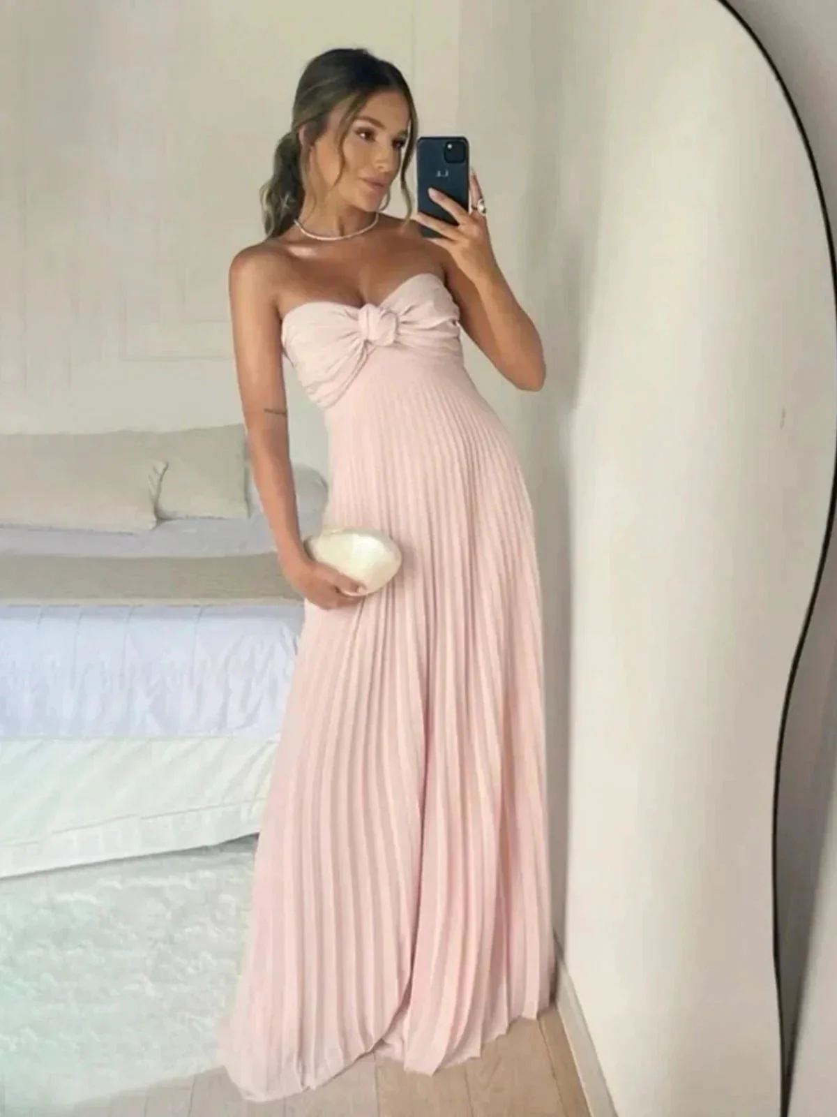 Rodri | A Line Light Pink Strapless Chiffon Long Prom Dress - Image 2