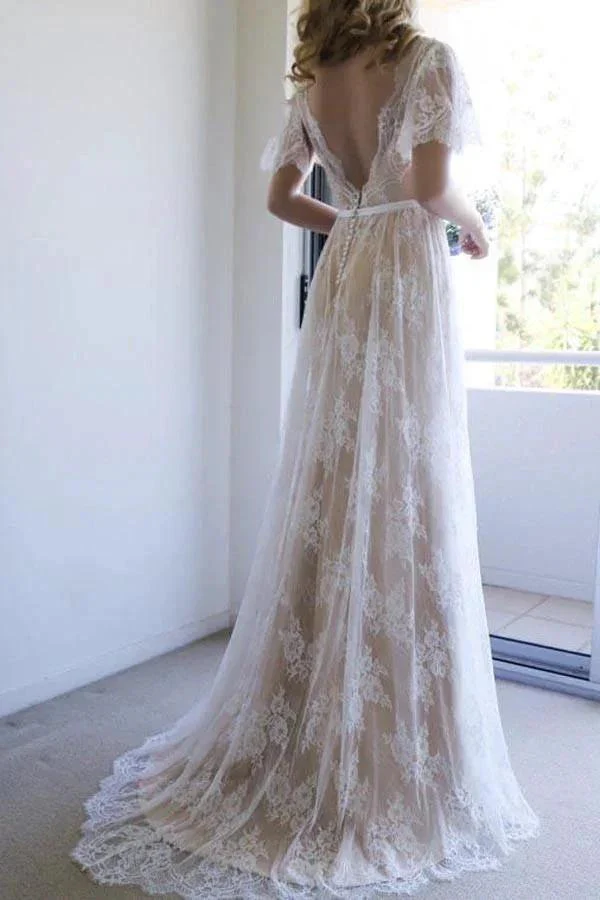 Romantic A-line White Lace Long Wedding Dress with Open Back WD111 - Image 2