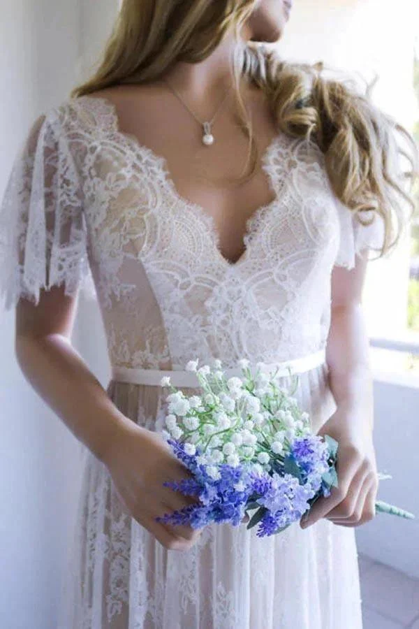 Romantic A-line White Lace Long Wedding Dress with Open Back WD111 - Image 3