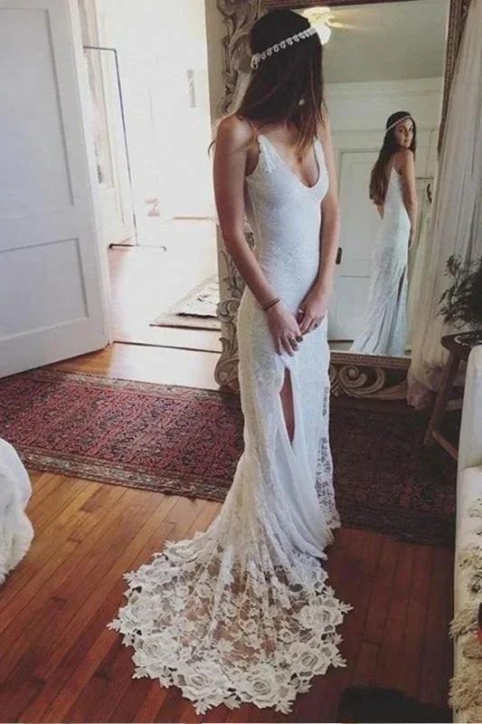 Romantic Boho Deep U Neck Backless Lace Pretty Mermaid Elegant Wedding Dresses - Image 3