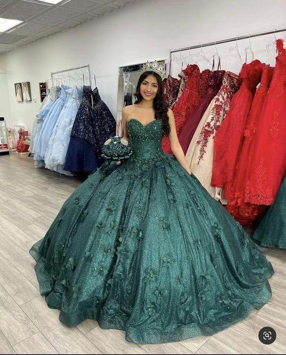 Romantic Dark Green Sweetheart Neckline Adult Dress Appliqued Lace Bustier Sweetheart Ball Gown Y289 - Image 2