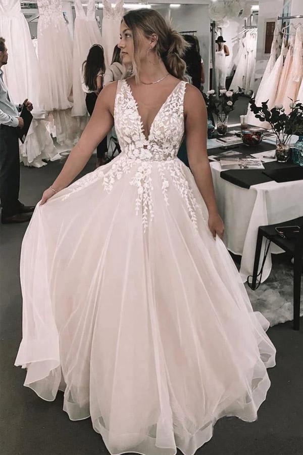 Romantic Deep V Neckline Floral Appliqued Bridal Gown Wedding Dress WD460