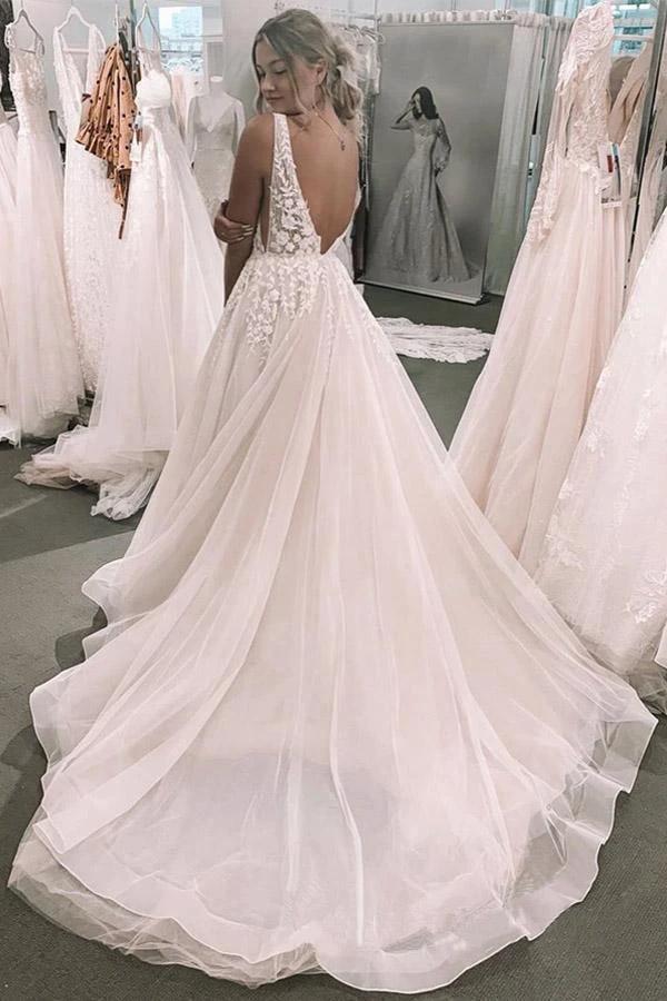 Romantic Deep V Neckline Floral Appliqued Bridal Gown Wedding Dress WD460 - Image 2