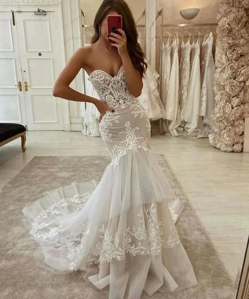 New Arrival Sweetheart Tulle Lace Mermaid Wedding Dress Two layer Trailing - Image 2