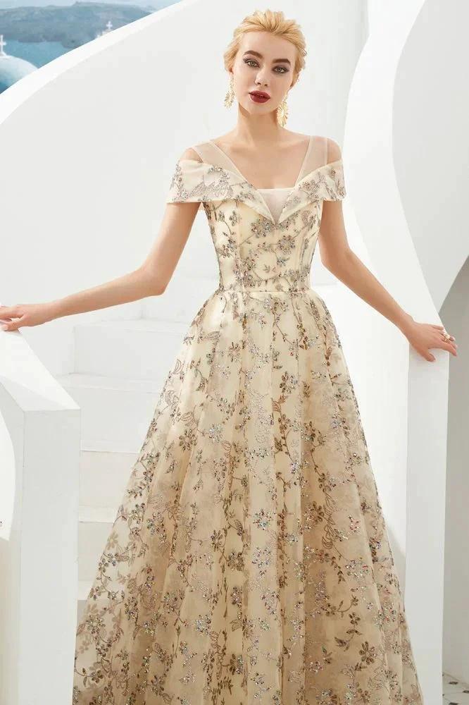 Romantic Floral Short Sleeves aline Spring Evening Party Dress Floor Length Dancing Dress - Image 3