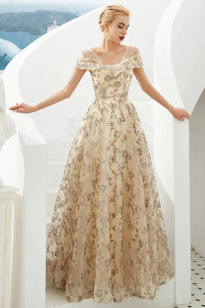 Romantic Floral Short Sleeves aline Spring Evening Party Dress Floor Length Dancing Dress - Image 4
