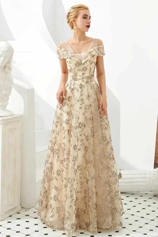 Romantic Floral Short Sleeves aline Spring Evening Party Dress Floor Length Dancing Dress - Image 5