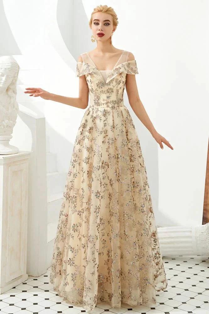 Romantic Floral Short Sleeves aline Spring Evening Party Dress Floor Length Dancing Dress - Image 6