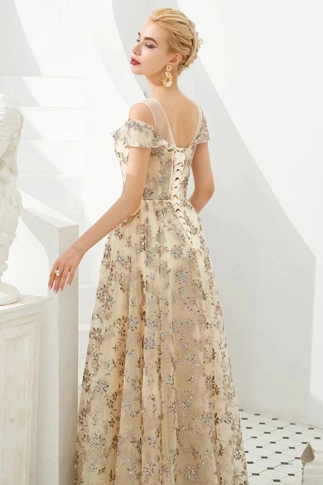 Romantic Floral Short Sleeves aline Spring Evening Party Dress Floor Length Dancing Dress - Image 7