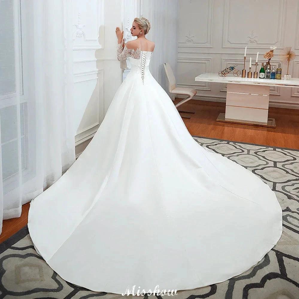 Romantic Lace Princess Satin Wedding Dress| Aline Bridal Gown with Cathedral Train - Image 10
