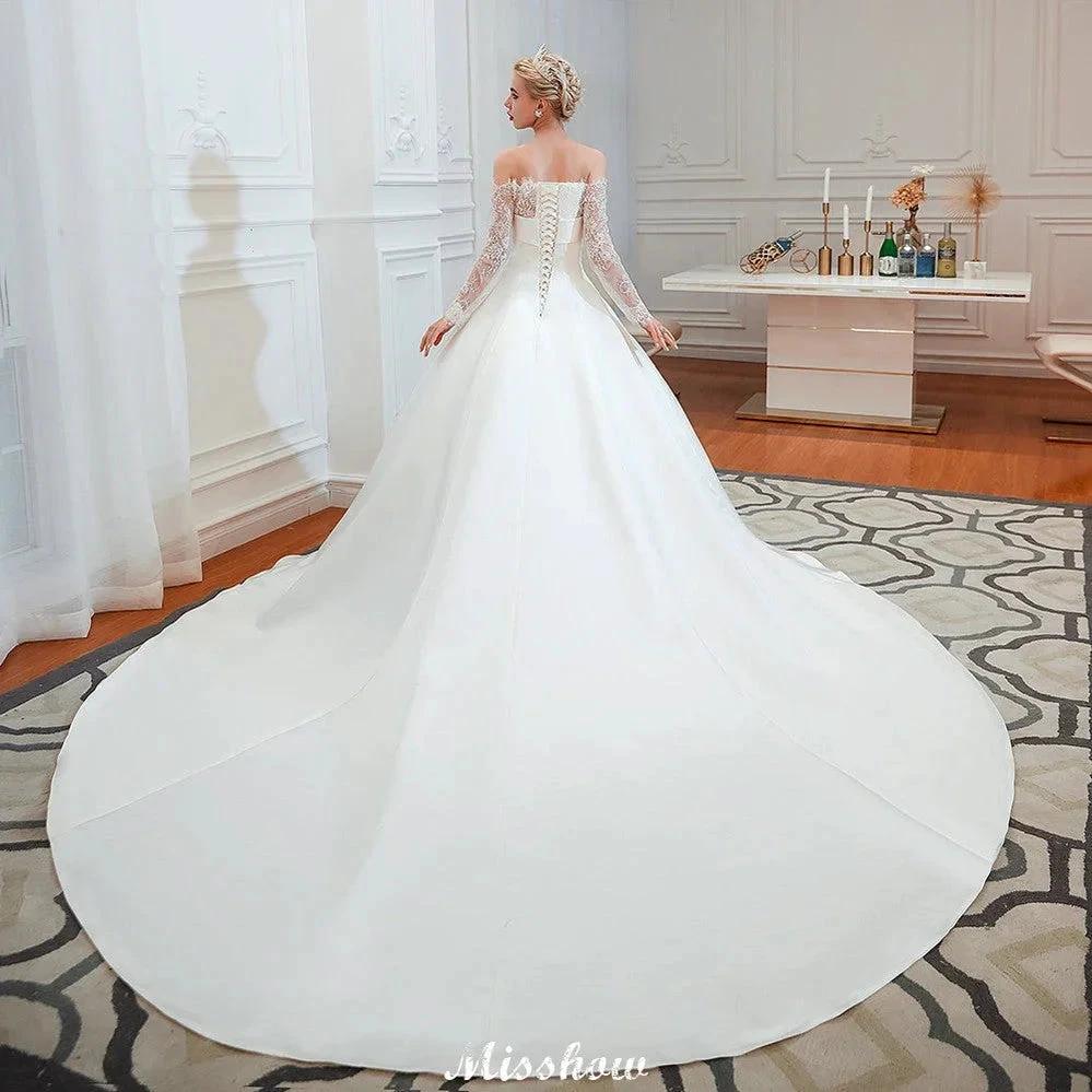 Romantic Lace Princess Satin Wedding Dress| Aline Bridal Gown with Cathedral Train - Image 2