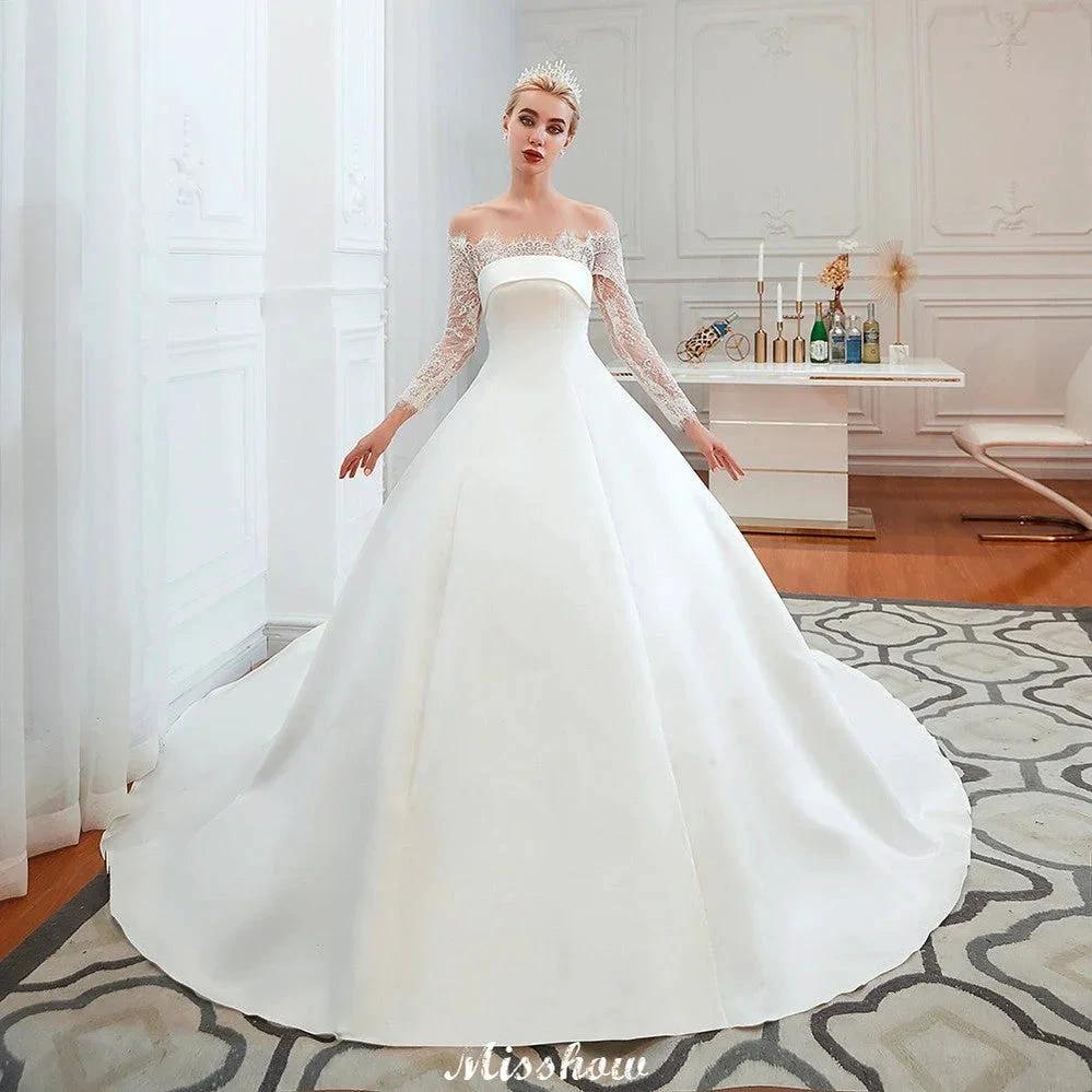 Romantic Lace Princess Satin Wedding Dress| Aline Bridal Gown with Cathedral Train - Image 5