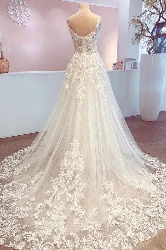 Romantic Long A-Line Spaghetti Straps Appliques Lace Backless Wedding Dress - Image 2