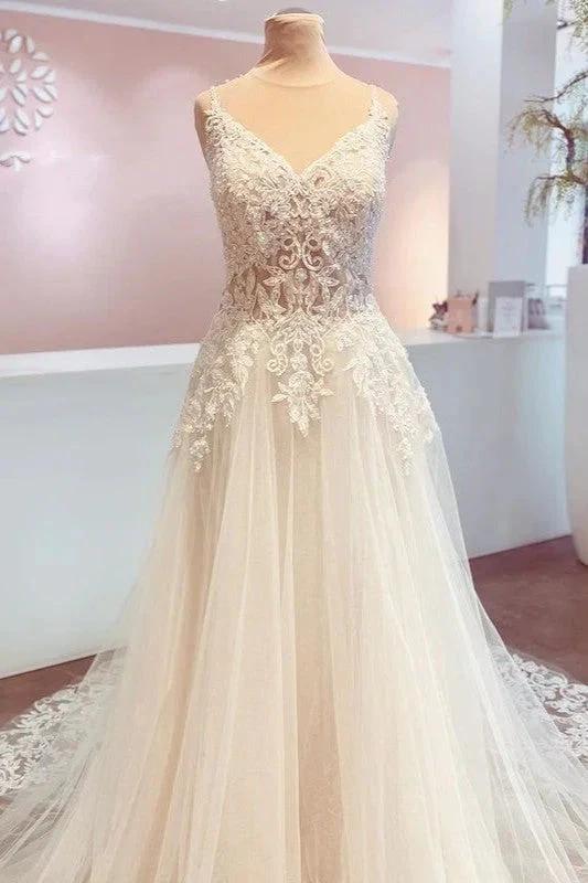 Romantic Long A-Line Spaghetti Straps Appliques Lace Backless Wedding Dress - Image 3