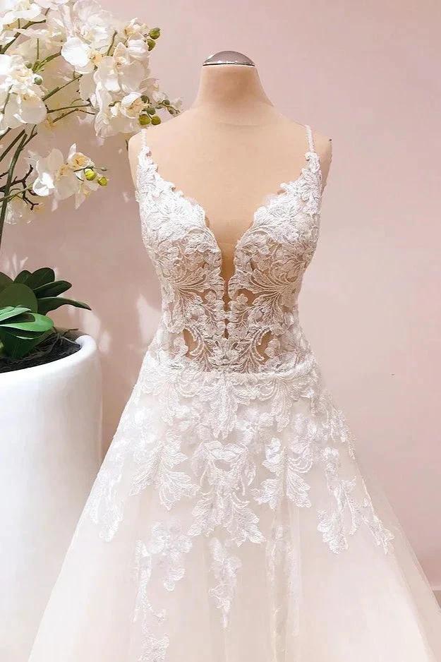 Romantic Long A-line Spaghetti Straps Appliques Lace Tulle Wedding Dress - Image 2