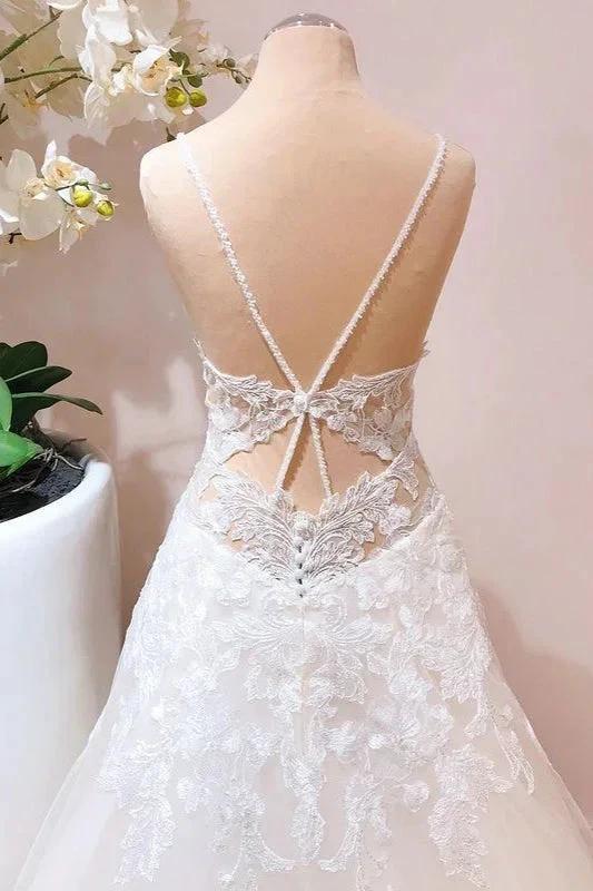 Romantic Long A-line Spaghetti Straps Appliques Lace Tulle Wedding Dress - Image 3