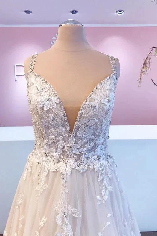 Romantic Long A-Line Sweetheart Appliques Lace Tulle Wedding Dress - Image 3