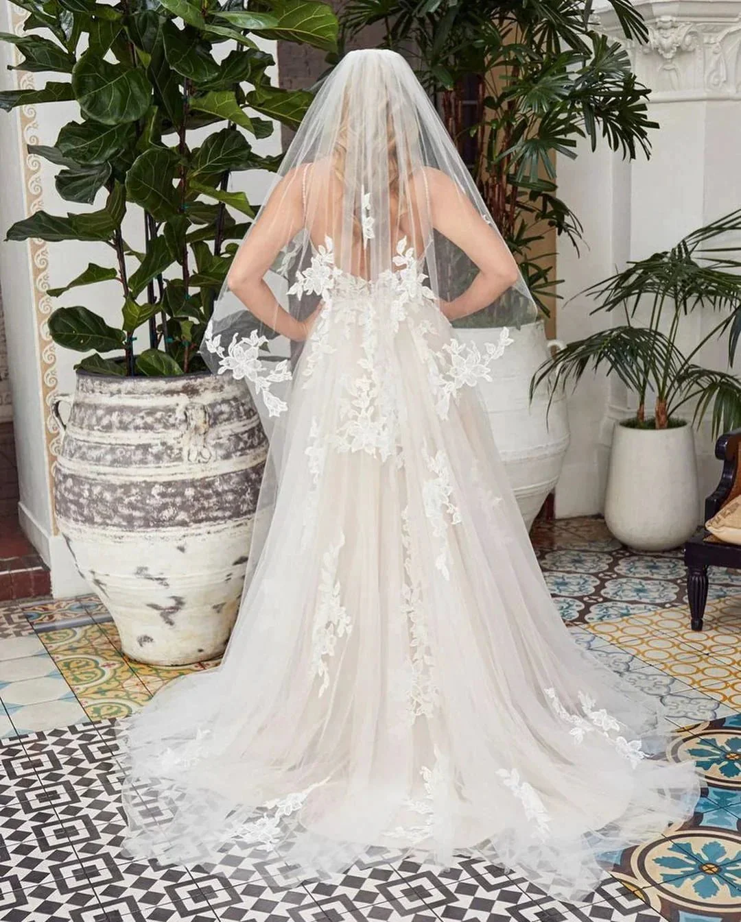Romantic Long A-line V-neck Lace Tulle Lace Open Back Wedding Dress - Image 2