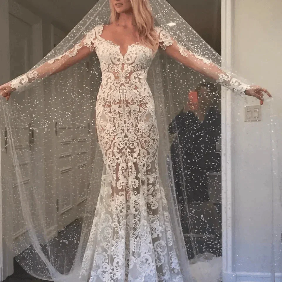 Romantic Long Appliques Backless Lace Mermaid Ivory Wedding Dresses WD140 - Image 3