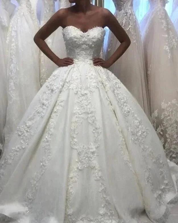 Romantic Long Ball Gowns Sweetheart Wedding Dress With 3D Floral Appliques Lace - Image 3