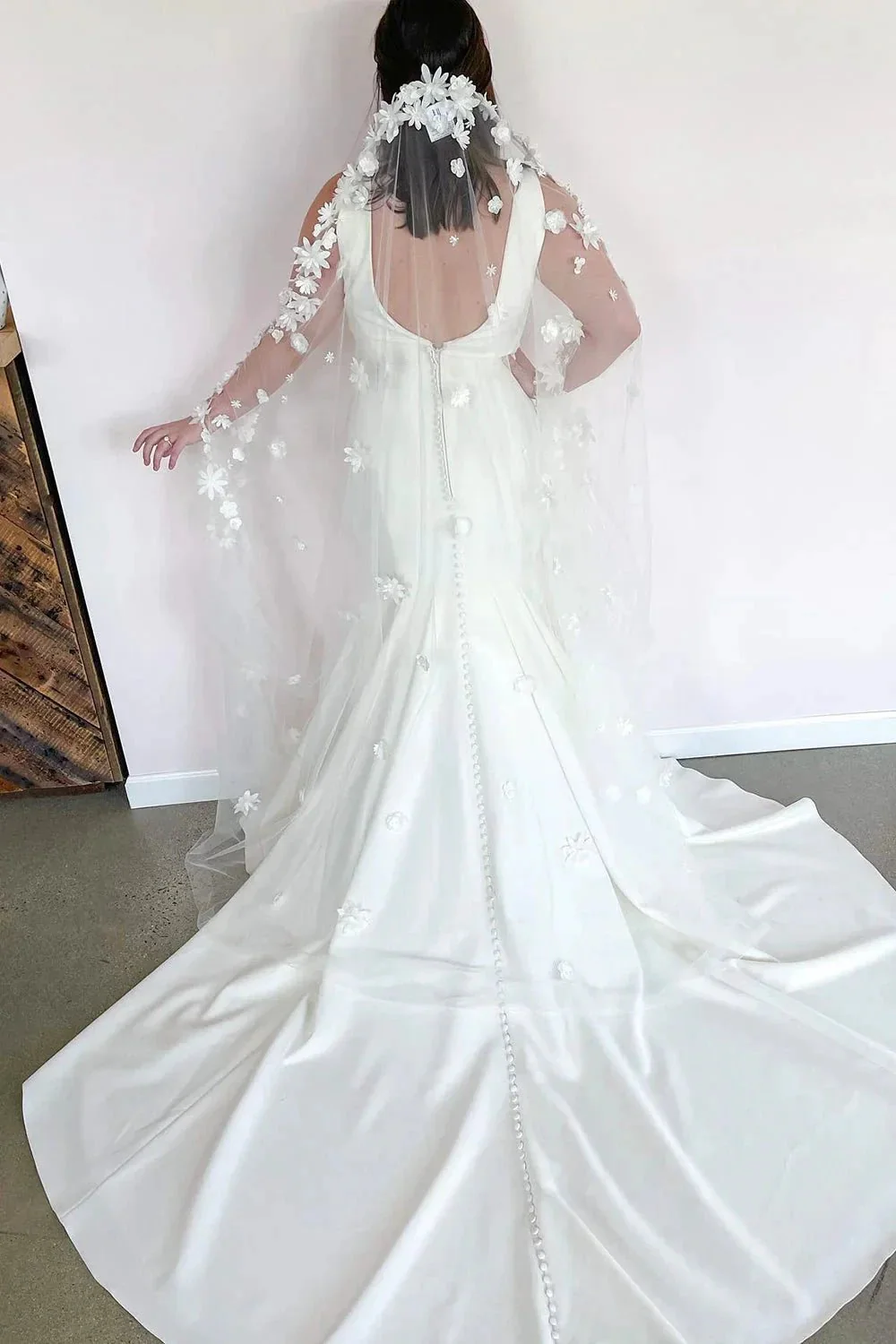 Romantic Long Mermaid V-neck Wide Straps Open Back Wedding Dress - Image 2