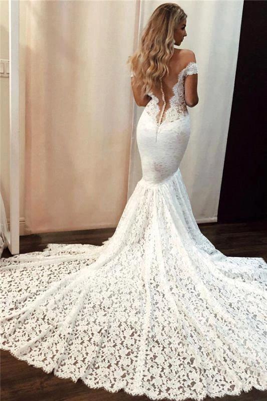 Romantic Long Off the Shoulder Appliques Lace Mermaid Wedding Dress - Image 2