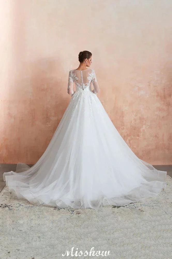 Romantic Long Sleeve Lace Ball Gown Tulle Fully Covered Buttons Aline Wedding Dress with Court Train - Image 10