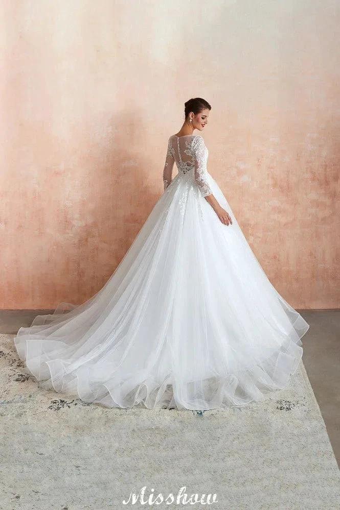 Romantic Long Sleeve Lace Ball Gown Tulle Fully Covered Buttons Aline Wedding Dress with Court Train - Image 2
