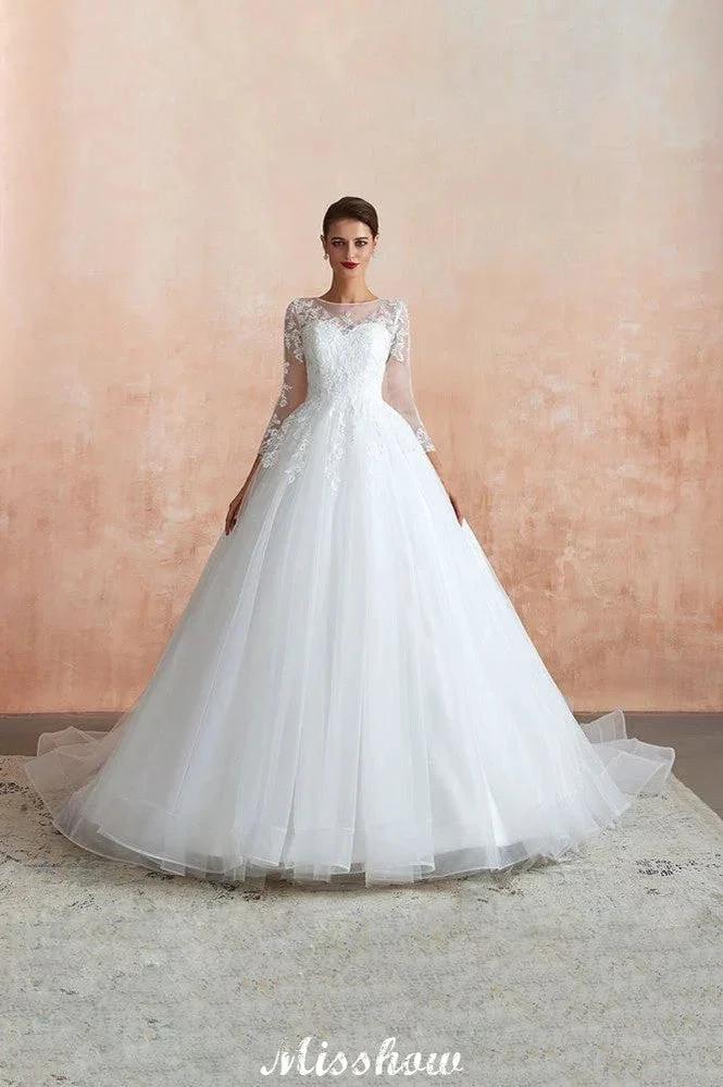 Romantic Long Sleeve Lace Ball Gown Tulle Fully Covered Buttons Aline Wedding Dress with Court Train - Image 3