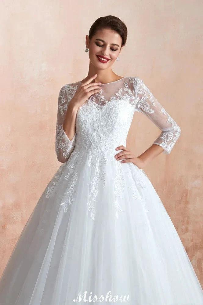 Romantic Long Sleeve Lace Ball Gown Tulle Fully Covered Buttons Aline Wedding Dress with Court Train - Image 4