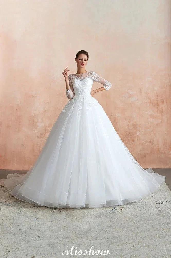Romantic Long Sleeve Lace Ball Gown Tulle Fully Covered Buttons Aline Wedding Dress with Court Train - Image 5