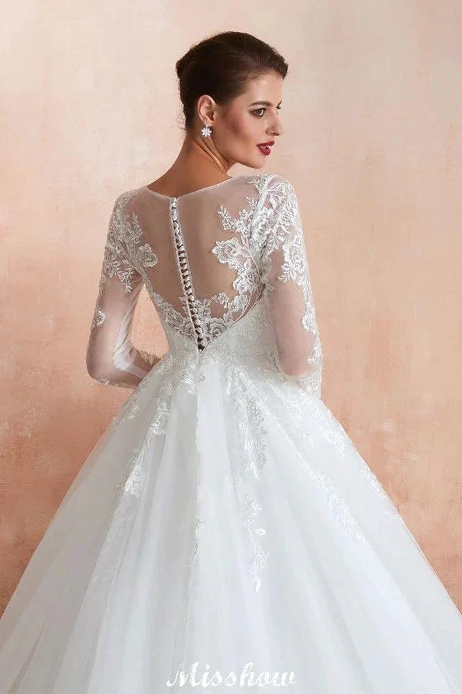 Romantic Long Sleeve Lace Ball Gown Tulle Fully Covered Buttons Aline Wedding Dress with Court Train - Image 6