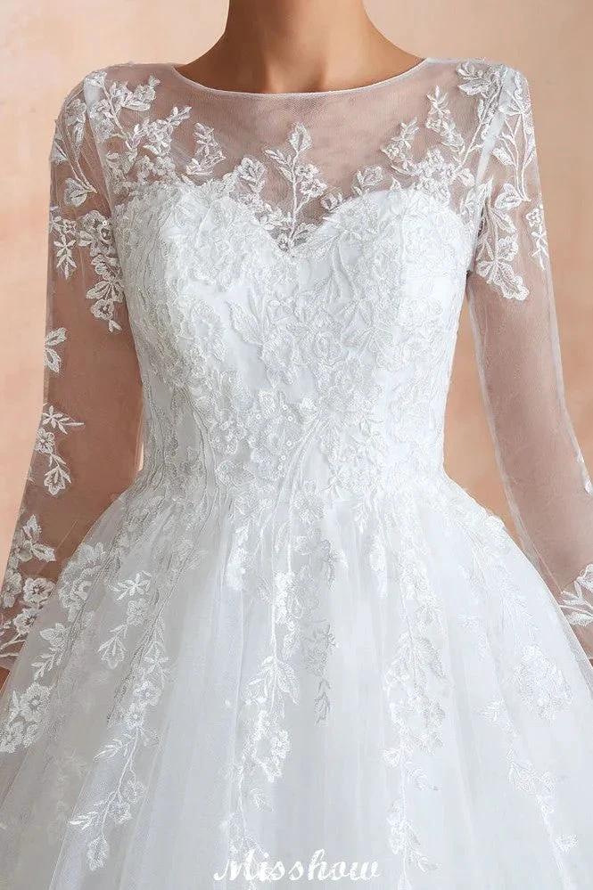 Romantic Long Sleeve Lace Ball Gown Tulle Fully Covered Buttons Aline Wedding Dress with Court Train - Image 7