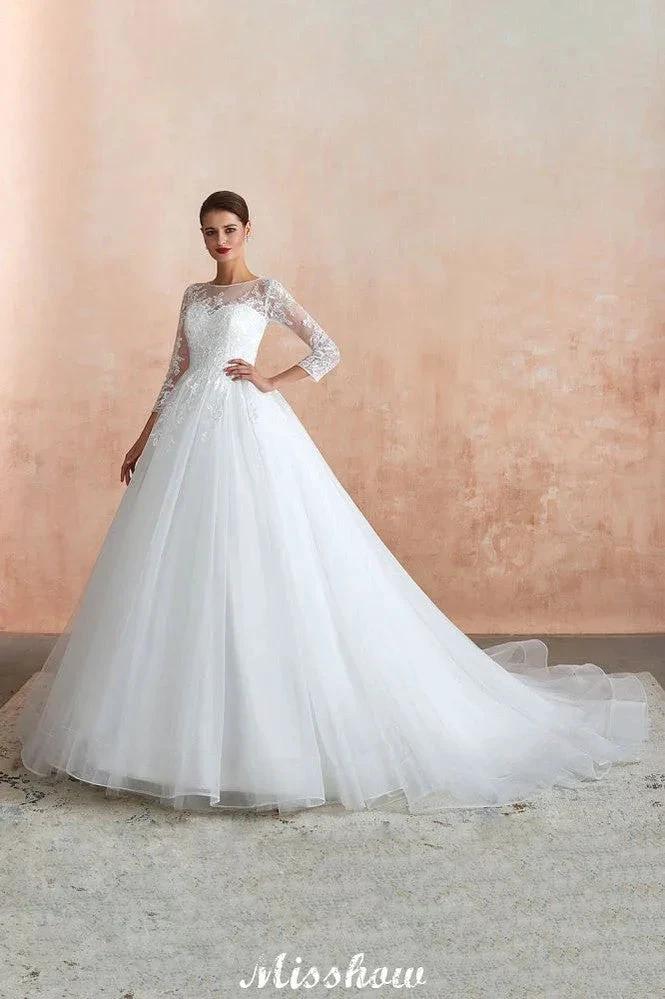 Romantic Long Sleeve Lace Ball Gown Tulle Fully Covered Buttons Aline Wedding Dress with Court Train - Image 8