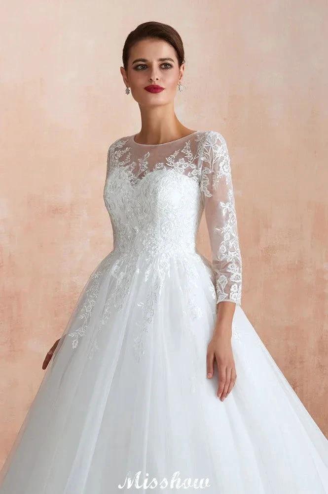 Romantic Long Sleeve Lace Ball Gown Tulle Fully Covered Buttons Aline Wedding Dress with Court Train - Image 9