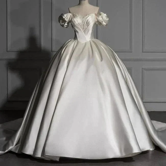 Romantic Off-the-shoulder Ball Gown Satin Wedding Dresses - Image 5