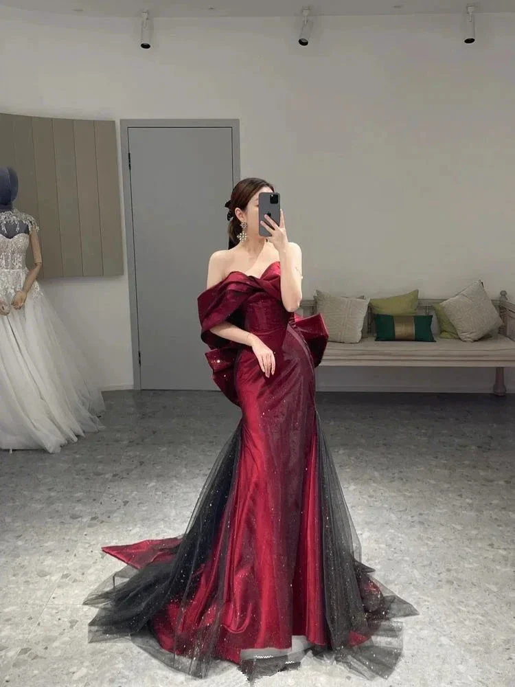 Romantic Off The Shoulder Burgundy Evening Dress Reception Dress Y4416 - Image 2