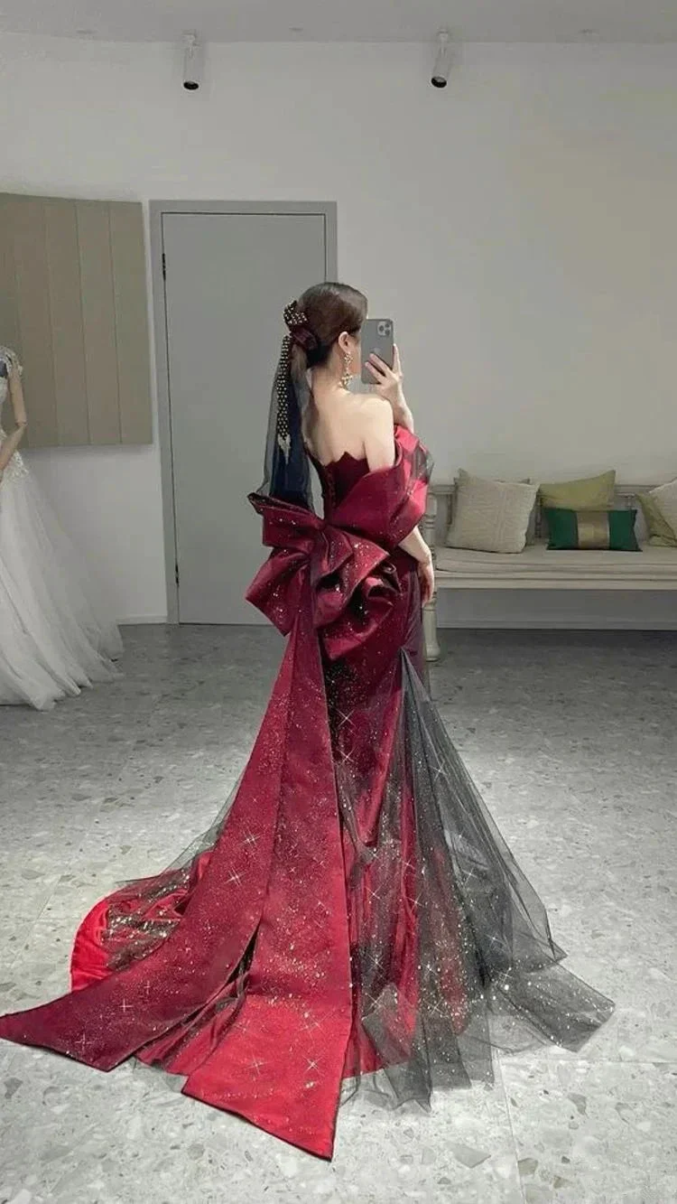 Romantic Off The Shoulder Burgundy Evening Dress Reception Dress Y4416 - Image 3