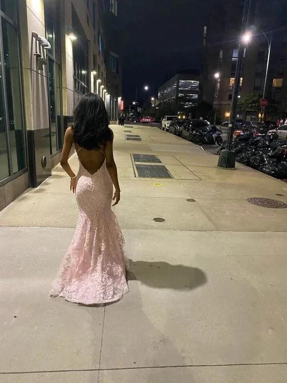 Romantic Pink Backless Sleeveless Lace Mermaid Evening Dresses with Train Y1490 - Image 5