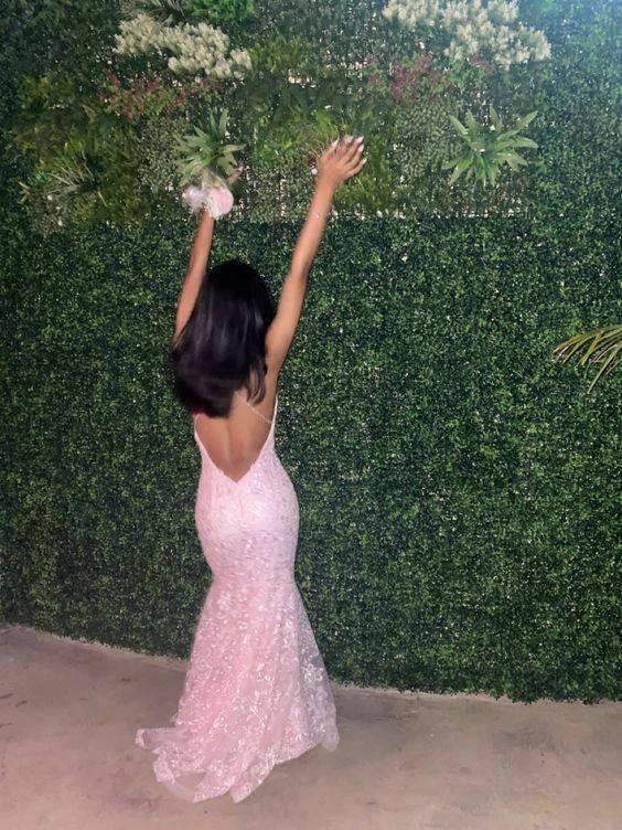 Romantic Pink Backless Sleeveless Lace Mermaid Evening Dresses with Train Y1490 - Image 6