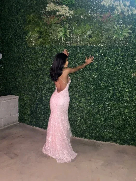 Romantic Pink Backless Sleeveless Lace Mermaid Evening Dresses with Train Y1490 - Image 8