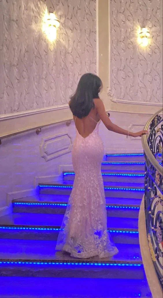 Romantic Pink Backless Sleeveless Lace Mermaid Evening Dresses with Train Y1490 - Image 9