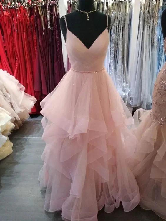 Romantic Pink Spaghetti Straps A-line Tiered Ruffles Prom Dress Glitter Pink Evening Dress Y1072 - Image 2