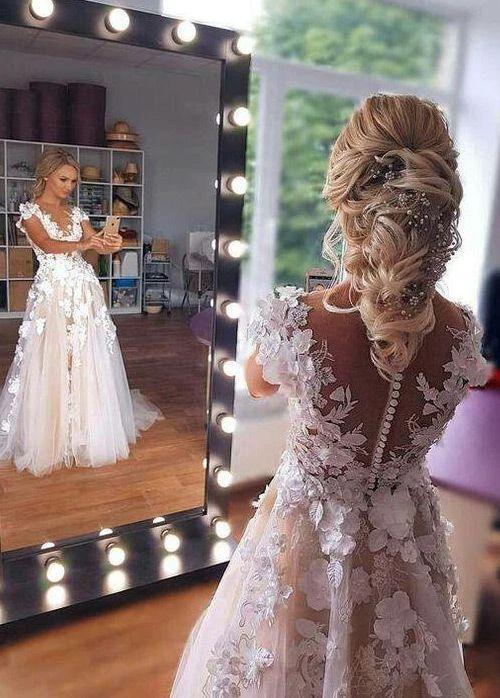 Romantic Sleeveless Aline Wedding Dress 3D Floral Lace Tulle Bridal Dress - Image 2